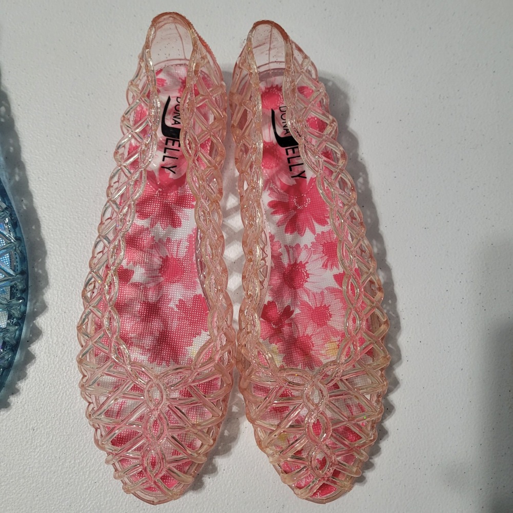Dona Jelly Kids Glitter Ballet Flats Blue Pink Floral Size 37/6 Peep Toe 2 Pair - Picture 2 of 9